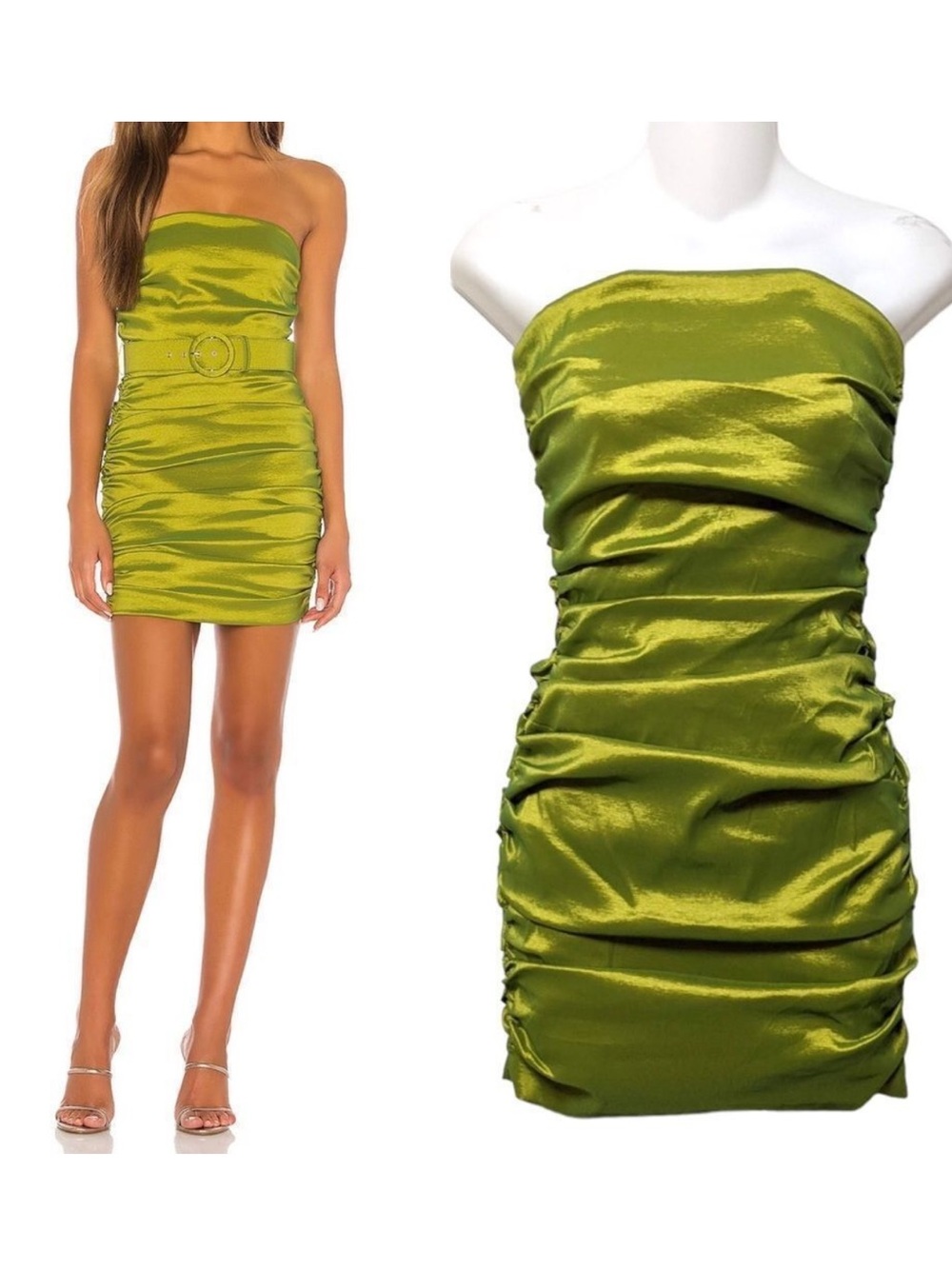 MAJORELLE Kaci Ruched Strapless Mini Dress Lime Green XS